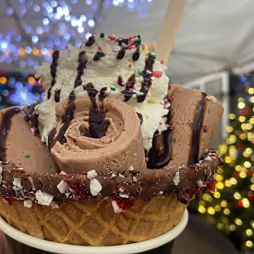 Dutch chocolate rolled ice cream with whipped cream and chocolate drizzle