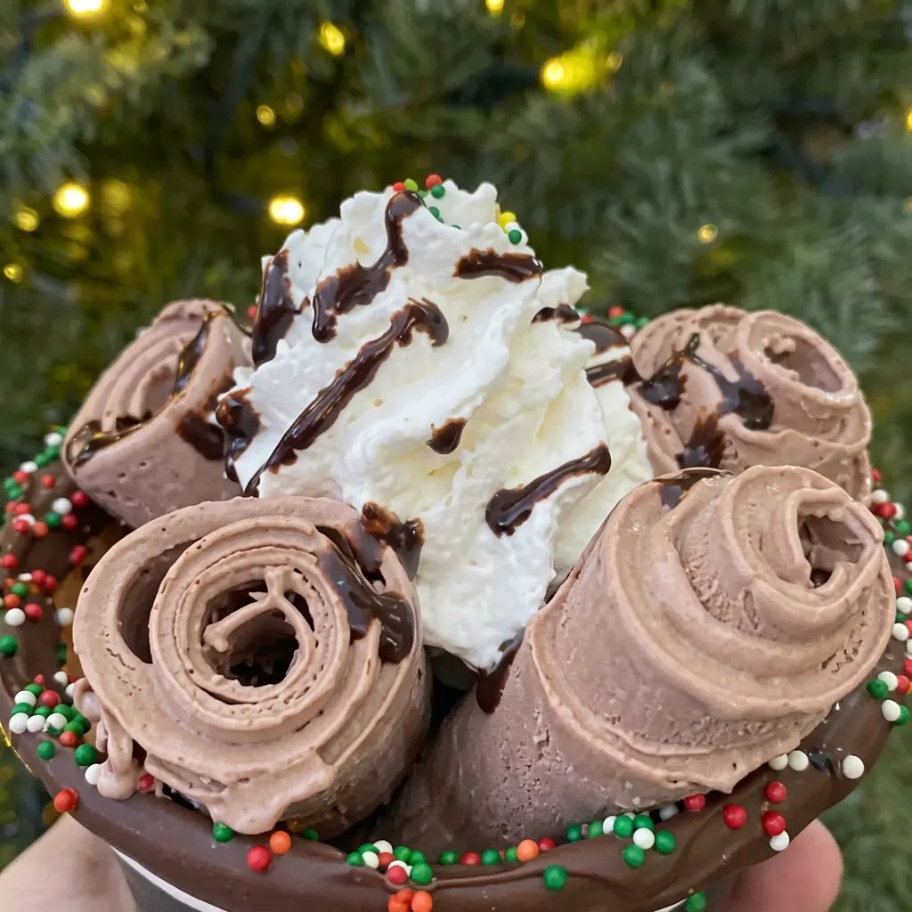 Candy-Cane Chocolate — rolled ice cream at Cold Slate Creamery